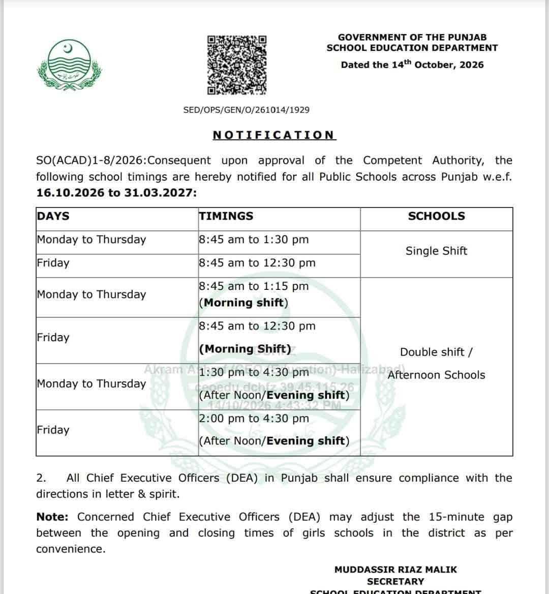 School Timing Notification Today 2026 Punjab